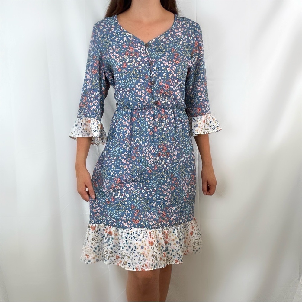 Vintage 80s Jody California blue periwinkle floral ruffle dress medium cottage